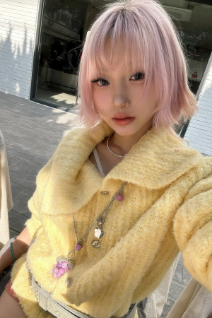 Bright Yellow Wool Blend Lapel Knitted Cardigan - Loose Long Sleeve Sweater Coat for Effortless Style