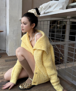 Bright Yellow Wool Blend Lapel Knitted Cardigan - Loose Long Sleeve Sweater Coat for Effortless Style