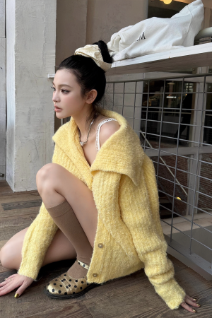 Bright Yellow Wool Blend Lapel Knitted Cardigan - Loose Long Sleeve Sweater Coat for Effortless Style
