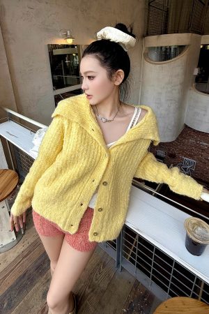 Bright Yellow Wool Blend Lapel Knitted Cardigan - Loose Long Sleeve Sweater Coat for Effortless Style