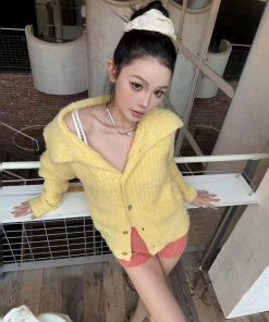 Bright Yellow Wool Lapel Knitted Cardigan for Women, Korean Style Loose Long Sleeve Sweater Coat, Cozy Fall Layering Piece