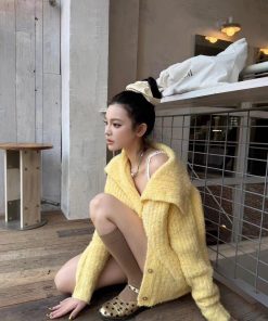 Bright Yellow Wool Lapel Knitted Cardigan for Women, Korean Style Loose Long Sleeve Sweater Coat, Cozy Fall Layering Piece