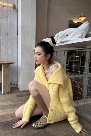 Bright Yellow Wool Lapel Knitted Cardigan for Women, Korean Style Loose Long Sleeve Sweater Coat, Cozy Fall Layering Piece