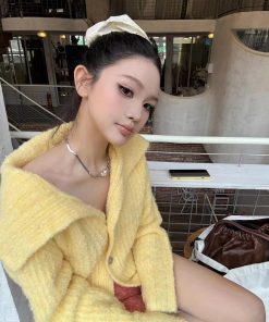 Bright Yellow Wool Lapel Knitted Cardigan for Women, Korean Style Loose Long Sleeve Sweater Coat, Cozy Fall Layering Piece
