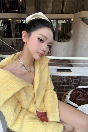 Bright Yellow Wool Lapel Knitted Cardigan for Women, Korean Style Loose Long Sleeve Sweater Coat, Cozy Fall Layering Piece