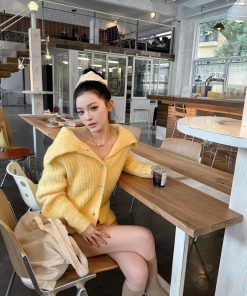 Bright Yellow Wool Lapel Knitted Cardigan for Women, Korean Style Loose Long Sleeve Sweater Coat, Cozy Fall Layering Piece