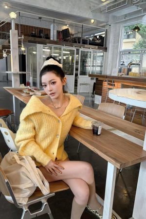 Bright Yellow Wool Lapel Knitted Cardigan for Women, Korean Style Loose Long Sleeve Sweater Coat, Cozy Fall Layering Piece