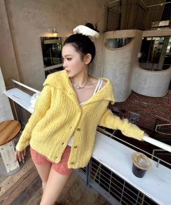 Bright Yellow Wool Lapel Knitted Cardigan for Women, Korean Style Loose Long Sleeve Sweater Coat, Cozy Fall Layering Piece