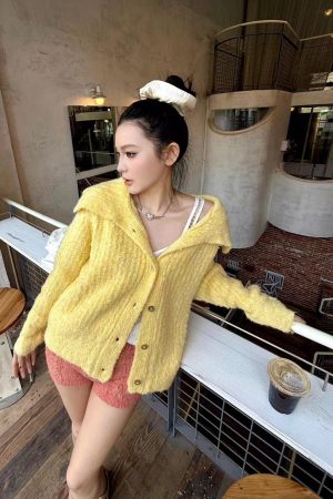 Bright Yellow Wool Lapel Knitted Cardigan for Women, Korean Style Loose Long Sleeve Sweater Coat, Cozy Fall Layering Piece