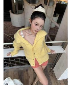 Bright Yellow Wool Lapel Knitted Cardigan for Women, Korean Style Loose Long Sleeve Sweater Coat, Cozy Fall Layering Piece