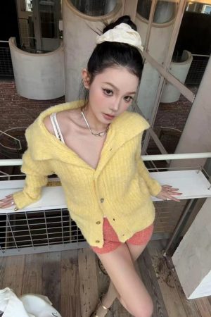 Bright Yellow Wool Lapel Knitted Cardigan for Women, Korean Style Loose Long Sleeve Sweater Coat, Cozy Fall Layering Piece