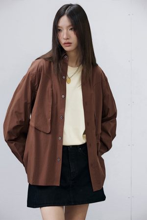 Brown 3D Pocket Long Sleeve Shirt - Stylish Casual Wear for Fall, Perfect for 90s and Y2K Inspired Looks