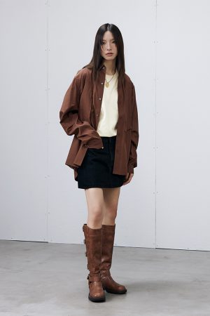 Brown 3D Pocket Long Sleeve Shirt - Stylish Casual Wear for Fall, Perfect for 90s and Y2K Inspired Looks