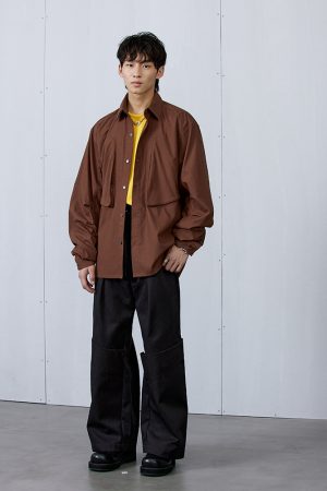Brown 3D Pocket Long Sleeve Shirt - Stylish Casual Wear for Fall, Perfect for 90s and Y2K Inspired Looks