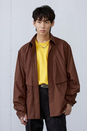 Brown 3D Pocket Long Sleeve Shirt - Stylish Casual Wear for Fall, Perfect for 90s and Y2K Inspired Looks