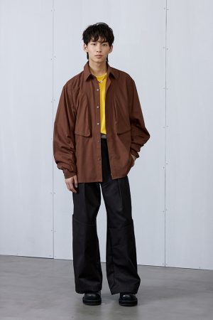 Brown 3D Pocket Long Sleeve Shirt - Stylish Casual Wear for Fall, Perfect for 90s and Y2K Inspired Looks