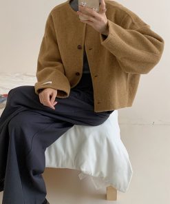 Brown Collarless Short Double-Sided Wool Coat for Autumn and Winter - Small Size Korean Style Simple Wool Jacket