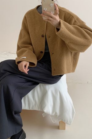 Brown Collarless Short Double-Sided Wool Coat for Autumn and Winter - Small Size Korean Style Simple Wool Jacket