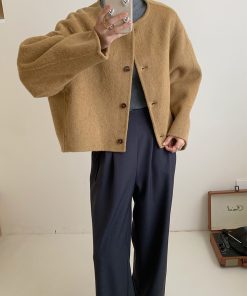 Brown Collarless Short Double-Sided Wool Coat for Autumn and Winter - Small Size Korean Style Simple Wool Jacket