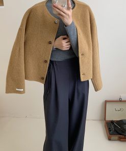 Brown Collarless Short Double-Sided Wool Coat for Autumn and Winter - Small Size Korean Style Simple Wool Jacket