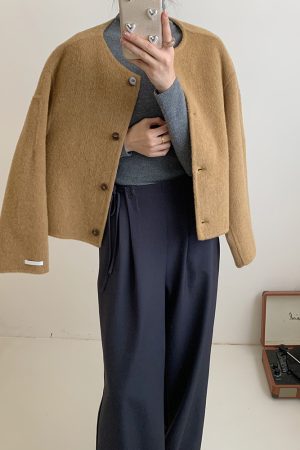 Brown Collarless Short Double-Sided Wool Coat for Autumn and Winter - Small Size Korean Style Simple Wool Jacket