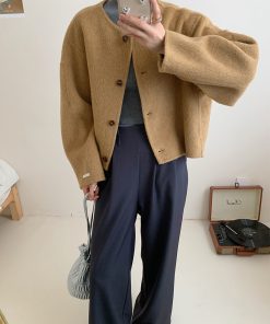 Brown Collarless Short Double-Sided Wool Coat for Autumn and Winter - Small Size Korean Style Simple Wool Jacket