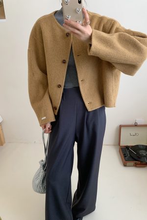 Brown Collarless Short Double-Sided Wool Coat for Autumn and Winter - Small Size Korean Style Simple Wool Jacket