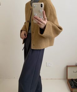 Brown Collarless Short Double-Sided Wool Coat for Autumn and Winter - Small Size Korean Style Simple Wool Jacket