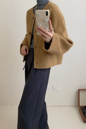 Brown Collarless Short Double-Sided Wool Coat for Autumn and Winter - Small Size Korean Style Simple Wool Jacket