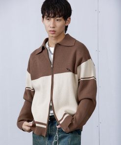 Brown College Style Patchwork Double-Sided Zipper Sweater for Men, Casual Layering, Y2K Trend, Cozy Fall Fashion