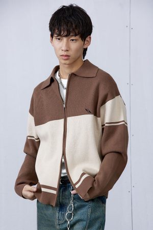 Brown College Style Patchwork Double-Sided Zipper Sweater for Men, Casual Layering, Y2K Trend, Cozy Fall Fashion