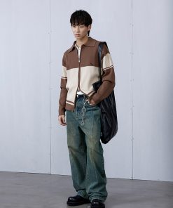 Brown College Style Patchwork Double-Sided Zipper Sweater for Men, Casual Layering, Y2K Trend, Cozy Fall Fashion