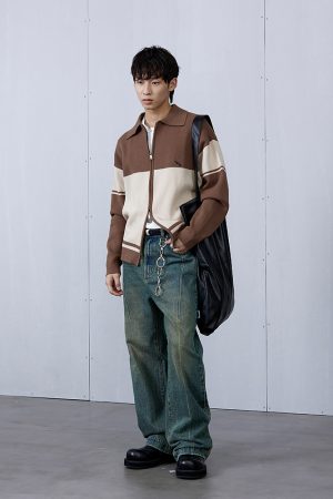 Brown College Style Patchwork Double-Sided Zipper Sweater for Men, Casual Layering, Y2K Trend, Cozy Fall Fashion