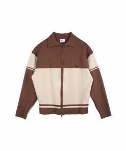 Brown College Style Patchwork Double-Sided Zipper Sweater for Men, Casual Layering, Y2K Trend, Cozy Fall Fashion