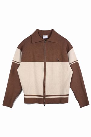 Brown College Style Patchwork Double-Sided Zipper Sweater for Men, Casual Layering, Y2K Trend, Cozy Fall Fashion