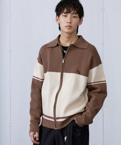 Brown College Style Patchwork Double-Sided Zipper Sweater for Men, Casual Layering, Y2K Trend, Cozy Fall Fashion