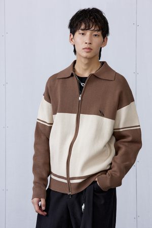 Brown College Style Patchwork Double-Sided Zipper Sweater for Men, Casual Layering, Y2K Trend, Cozy Fall Fashion