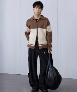 Brown College Style Patchwork Double-Sided Zipper Sweater for Men, Casual Layering, Y2K Trend, Cozy Fall Fashion