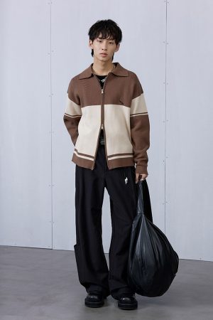 Brown College Style Patchwork Double-Sided Zipper Sweater for Men, Casual Layering, Y2K Trend, Cozy Fall Fashion