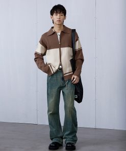 Brown College Style Patchwork Double-Sided Zipper Sweater for Men, Casual Layering, Y2K Trend, Cozy Fall Fashion