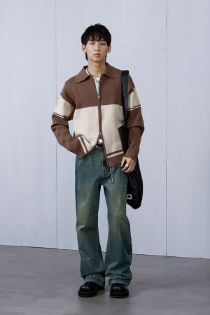 Brown College Style Patchwork Double-Sided Zipper Sweater for Men, Casual Layering, Y2K Trend, Cozy Fall Fashion