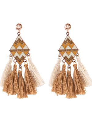 Brown Diamond Wave Pattern Ethnic Earrings for Women, Retro Tassel Clip-On Accessories, Unique Mosquito Coil Design