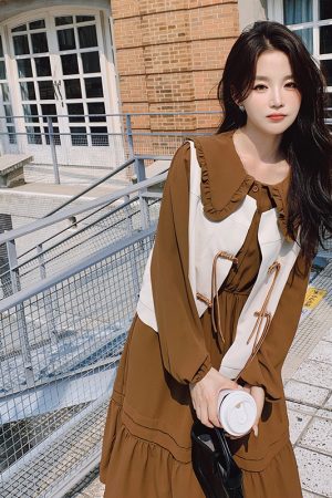 Brown Doll Collar Two-Piece Dress Set for Women - French Style Slim-Fit Light Mature Vest - 2025 Autumn Fashion