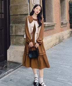Brown Doll Collar Two-Piece Dress Set for Women - French Style Slim-Fit Light Mature Vest - 2025 Autumn Fashion