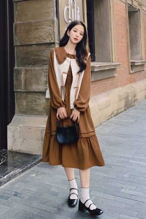 Brown Doll Collar Two-Piece Dress Set for Women - French Style Slim-Fit Light Mature Vest - 2025 Autumn Fashion