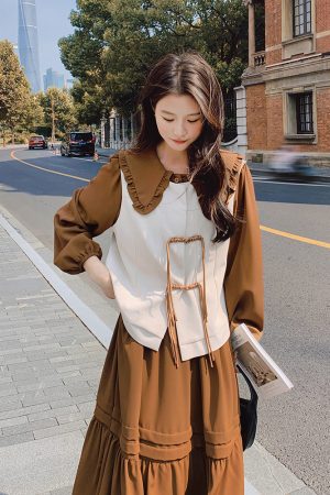 Brown Doll Collar Two-Piece Dress Set for Women - French Style Slim-Fit Light Mature Vest - 2025 Autumn Fashion
