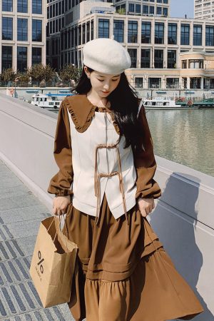 Brown Doll Collar Two-Piece Dress Set for Women - French Style Slim-Fit Light Mature Vest - 2025 Autumn Fashion