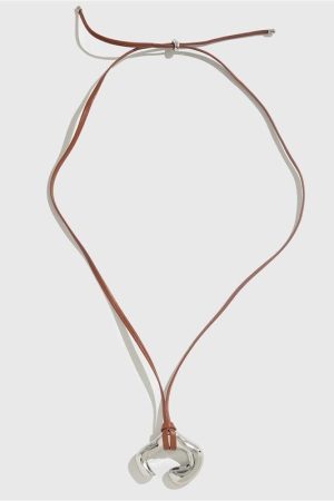 Brown Leather Necklace for Women with Silver Pendant - Light Luxury Autumn Winter Sweater Chain, 2025 Trendy Fashion Accessory