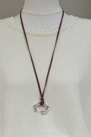 Brown Leather Necklace for Women with Silver Pendant - Light Luxury Autumn Winter Sweater Chain, 2025 Trendy Fashion Accessory