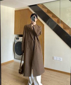Brown Mid-Length Double-Breasted Wool Coat for Women, Elegant Vintage Tailored Slim Fit for Autumn and Winter Fashion